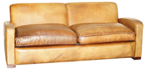 Art Deco Hand Dyed Brown Leather Three Seat Sofa with Feather Filled Seat in the style of Odeon
