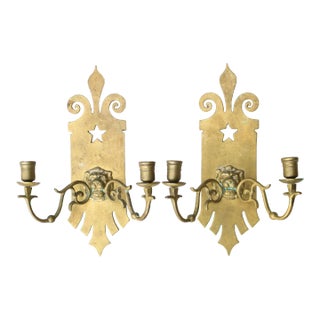 19th Century Pair of French Brass Wall Candle Sconces Lion Heads and Double Arms For Sale