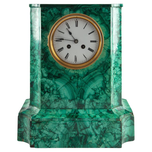 French Malachite Mantel Clock by Vincenti & Cie, Paris, circa 1855 For Sale
