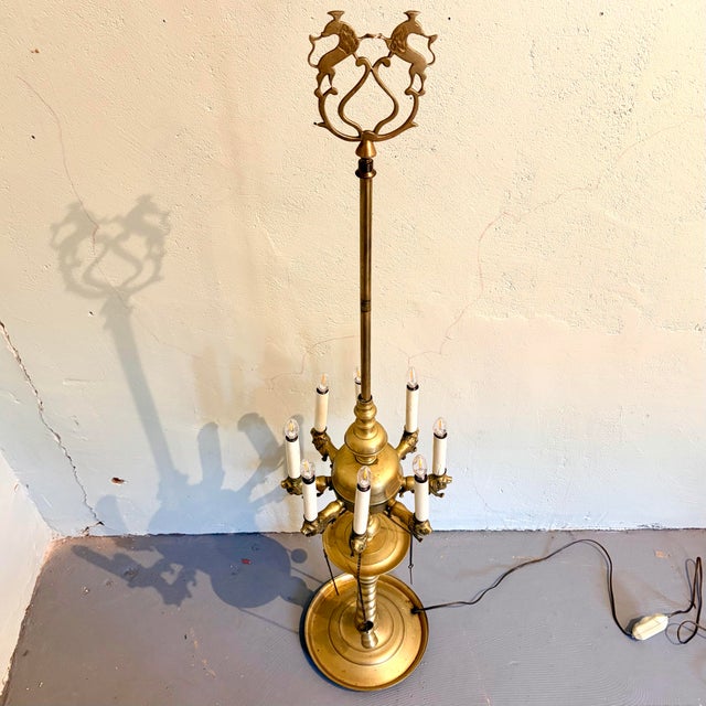 Antique Moorish Revival Lion Motif Brass Eight-Light Figural Lamp, Circa 1900 For Sale - Image 9 of 12