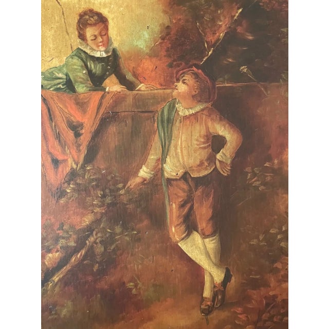 Antique 19th Century Original Boy Girl Landscape Oil Painting Wood Badge Panel For Sale - Image 10 of 14