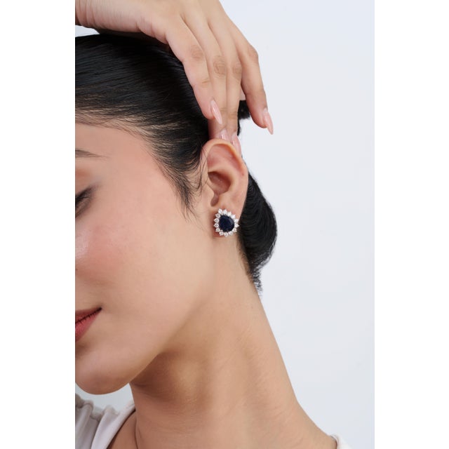 Not Yet Made - Made To Order 8.01ct Royal Blue Sapphire & 2.19ct Diamond Halo Pear Stud Earrings in 14k White Gold- A Pair For Sale - Image 5 of 16
