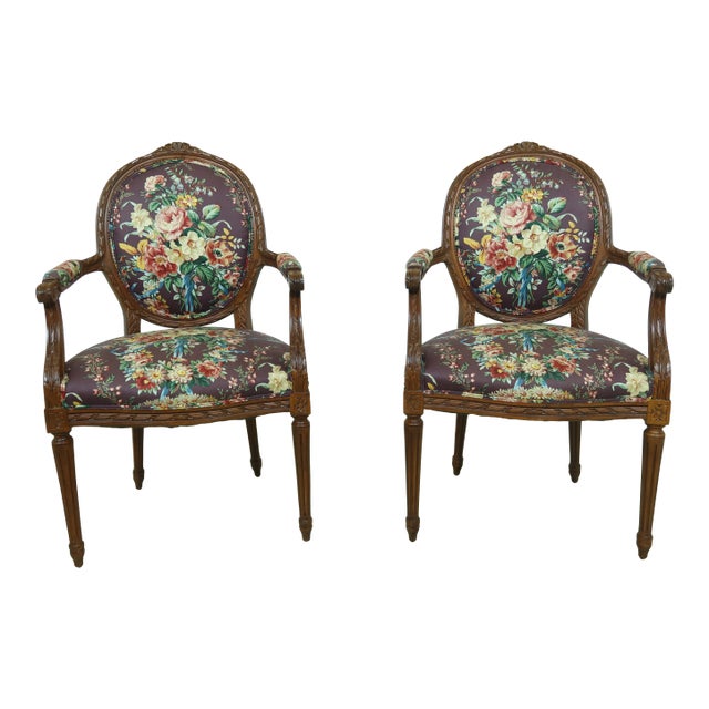 Pair French Louis XV Style Floral Upholstered Armchairs For Sale