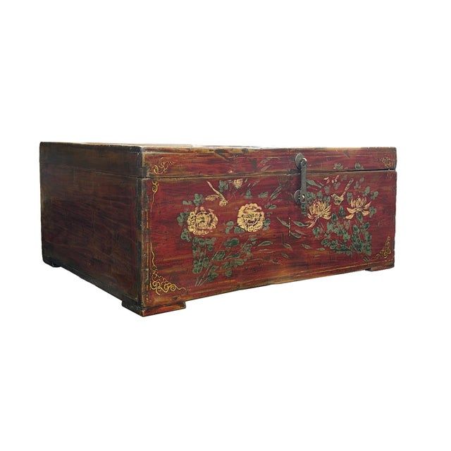 Vintage Floral Distressed Deep Red Rectangular Wood Trunk Box For Sale - Image 4 of 9