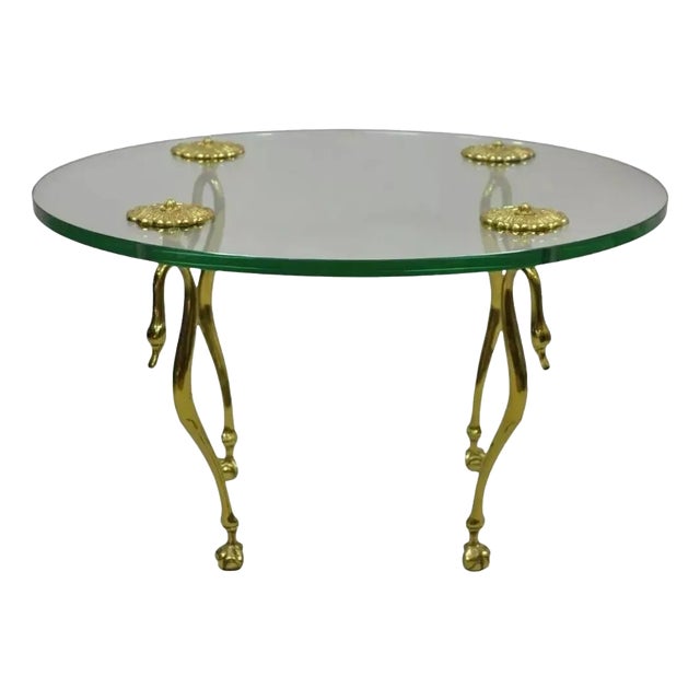 Vintage Regency Maison Jansen Style Brass Swan & Glass Small Round Coffee Table For Sale