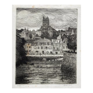 1908 Adolphe Beaufrere Quimperlé in Evening Etching For Sale