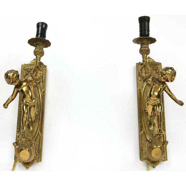 Pair Fine Italian Brevettato Cherub Brass Lighting Sconces For Sale - Image 4 of 11