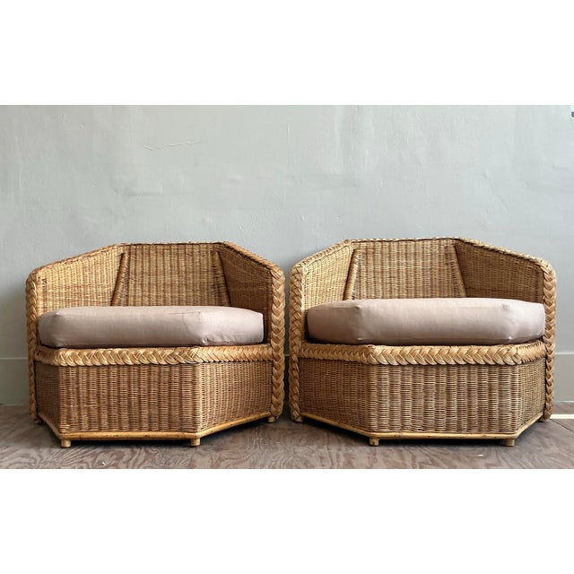 Vintage Coastal Brown Jordan Faceted Rattan Lounge Chairs - A Pair For Sale - Image 11 of 12