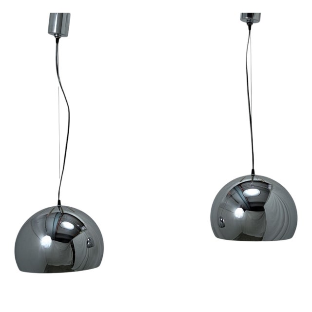 Chrome Steel Pendant Lamps, 1970s, Set of 2 For Sale
