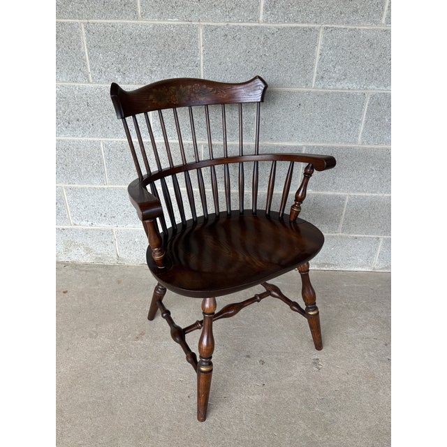 Description: Hitchcock New London Model Oak Paint Decorated Arm Chairs - A Pair. Original Clean Finish. In Very Good to...