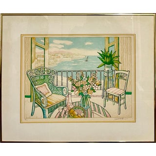 Lloyd Van Pitterson, Vintage Fauvist Color Lithograph Porch Scene Jamaican Artist Van Pitterson For Sale