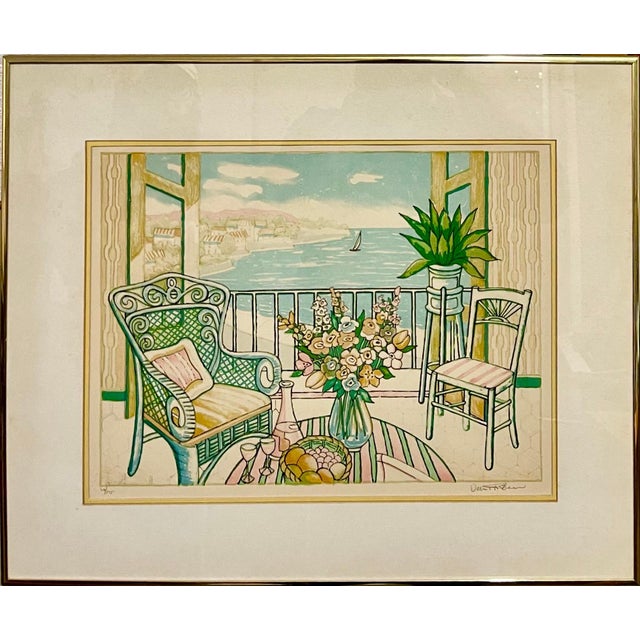 Lloyd Van Pitterson, Vintage Fauvist Color Lithograph Porch Scene Jamaican Artist Van Pitterson For Sale
