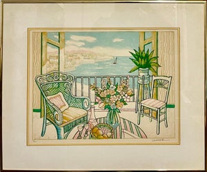 Lloyd Van Pitterson, Vintage Fauvist Color Lithograph Porch Scene Jamaican Artist Van Pitterson