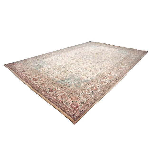 1940s Antique Persian Tabriz Pahlavi Wool 12x18 Ivory, Pink & Teal Handmade Area Rug #9902227 For Sale - Image 5 of 15