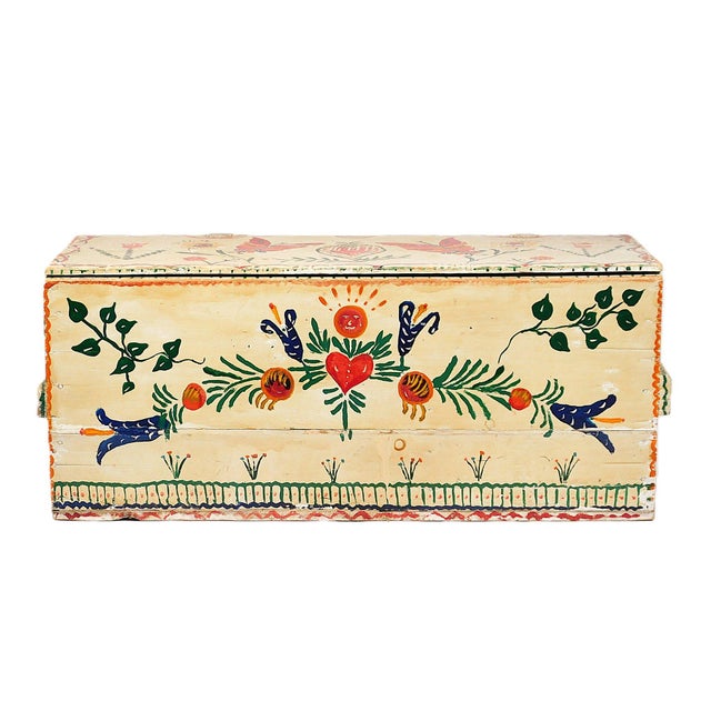 Mid-20th C. Folk Art Hand-Painted Wooden Chest, in the manner of Peter Hunt (1896–1967), a noted Cape Cod artist, white...