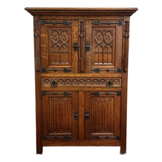 Antique French Gothic Linen Altar Wine Storage Cabinet Bookcase Bar Liquor Oak For Sale