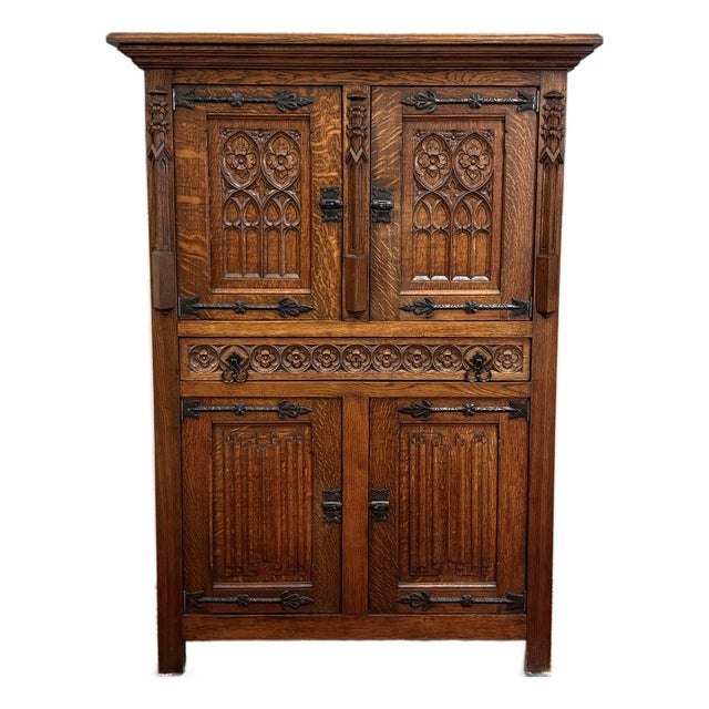 Antique French Gothic Linen Altar Wine Storage Cabinet Bookcase Bar Liquor Oak For Sale