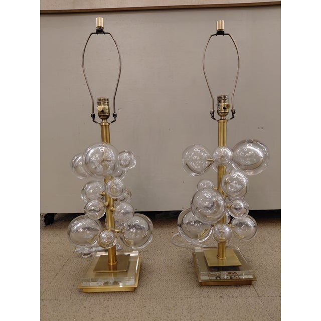 Mid Century Modern Glass and Brass Bubble Lamps With Double Drum Shades For Sale - Image 4 of 8