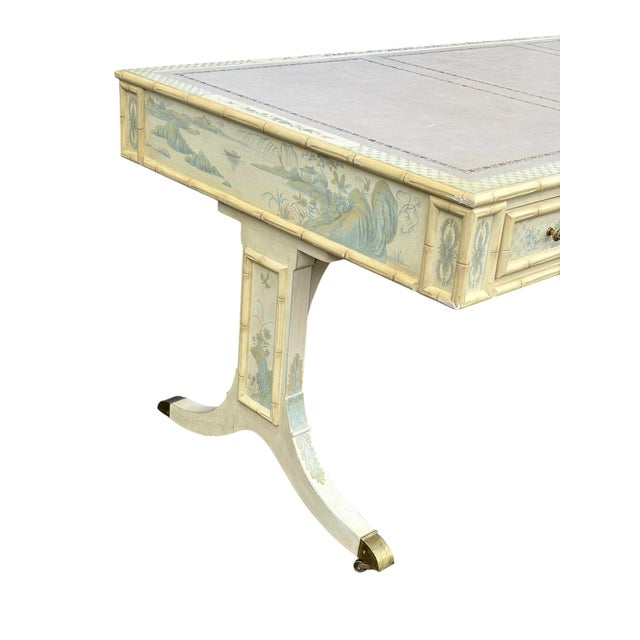 Vanilla Faux Bamboo Blue and Creme Toile De Joy Chinoiserie Large Leather Top Executive Desk For Sale - Image 8 of 12