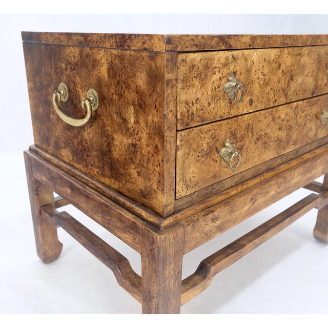Pair of Burl Asian Campaign Fusion 2 Drawer Night Stands End Table Brass Pulls For Sale - Image 11 of 15