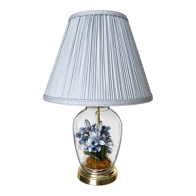 Vintage Blue Floral Glass Terrarium Table Lamp With Pleated Blue Shade For Sale