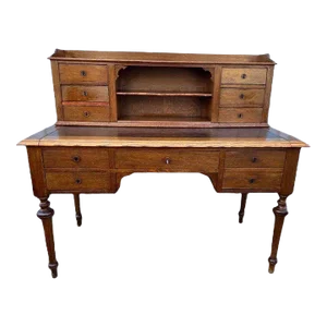 19th Century Antique French Provincial Style Tiger Oak Leather Top Writing Desk