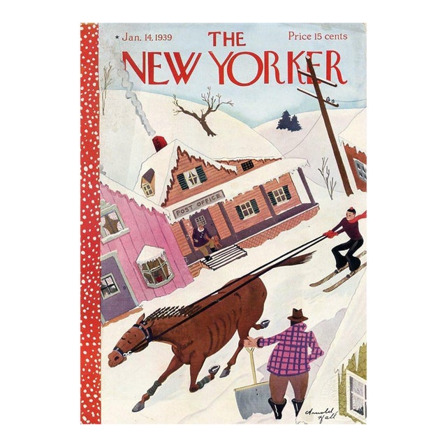 1939 Vintage New Yorker Magazine Cover, January 14, Arnold Hall Original Cover, Skiing. Rare For Sale