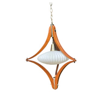 Vintage Atomic Teak and Milk Glass Swag Light For Sale