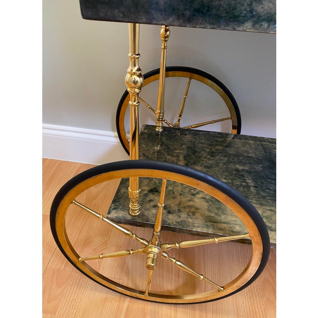 Aldo Tura Green Lacquered Goatskin Bar Cart, Brass Two-Tier Folding Drinks Trolley, Italy 1960s For Sale - Image 17 of 17