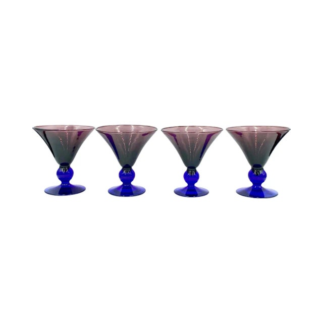 Mid 20th Century Vintage Set of 4 Martini Glasses Purple Cobalt Blue Art Deco Style Cocktail Stemware For Sale - Image 5 of 12