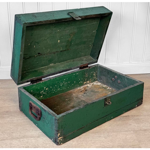 Antique Traditional Green Wood Stanley Tool Box Storage Chest For Sale - Image 4 of 10