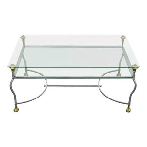 Maison Jansen Style Brass Brushed Steel & Glass Ball and Claw Foot Coffee Table