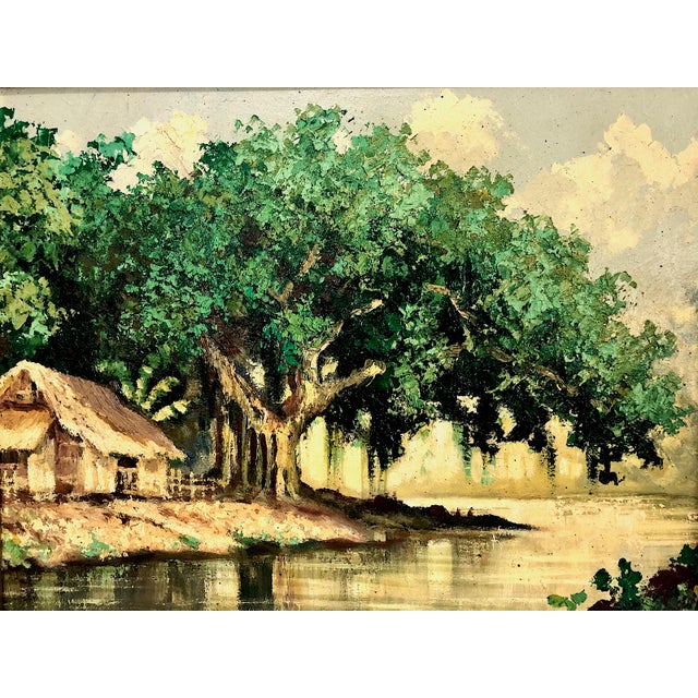 On offer is an idyllic, tropical waterside landscape featuring a traditional thatched-roof hut tucked beneath an...