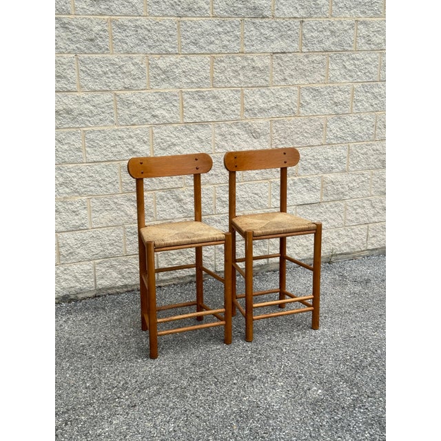 Mid-Century Modern Late 20th Century Pair of Rush Seat Wood Bar Stools For Sale - Image 3 of 12