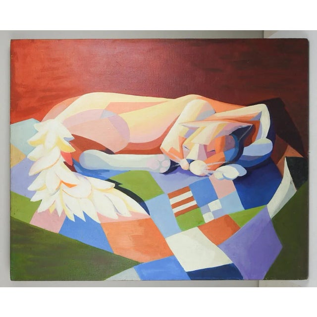 Large Contemporary Abstract Cubist Cat on Quilt Painting For Sale - Image 4 of 4