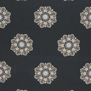 Schumacher Chennai Linen Embroidery Fabric in Midnight For Sale