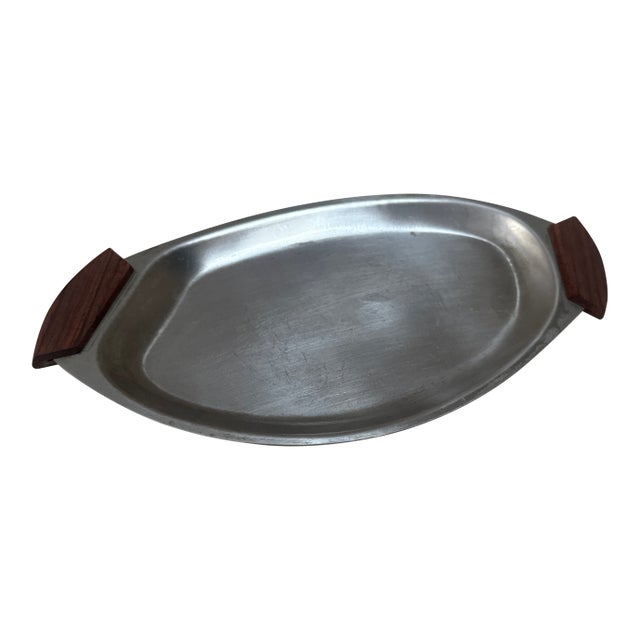 Small 1970s Silver-Tone Metal Serving Tray With Wooden Teak Handles For Sale