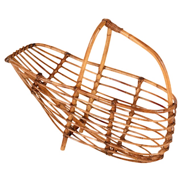 Mid-Century French Riviera Bamboo & Rattan Magazine Rack, Italy, 1960s For Sale