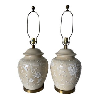 1980s Vintage Hollywood Regency Style Floral Cream Crackle Glaze Ceramic Table Lamps – Pair For Sale