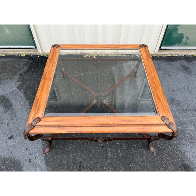 Art Deco Adnet Hermes Forged Faux Leather Strap Equestrian Coffee Table For Sale - Image 3 of 12