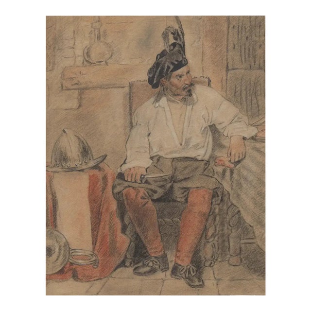 Captivating 19th-Century Colored Chalk Drawing: Seated Scottish Figure (Circa 1875) For Sale