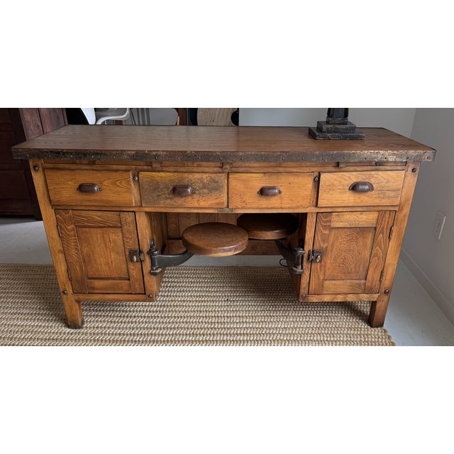 Industrial Vintage Industrial Desk With Integrated Swing-Out Stools For Sale - Image 3 of 18