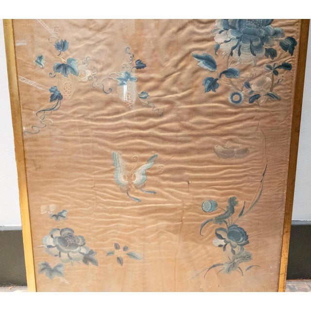 19th Century Chinese Large Framed Silk Embroidered Textile Fragment With Flowers For Sale - Image 4 of 12