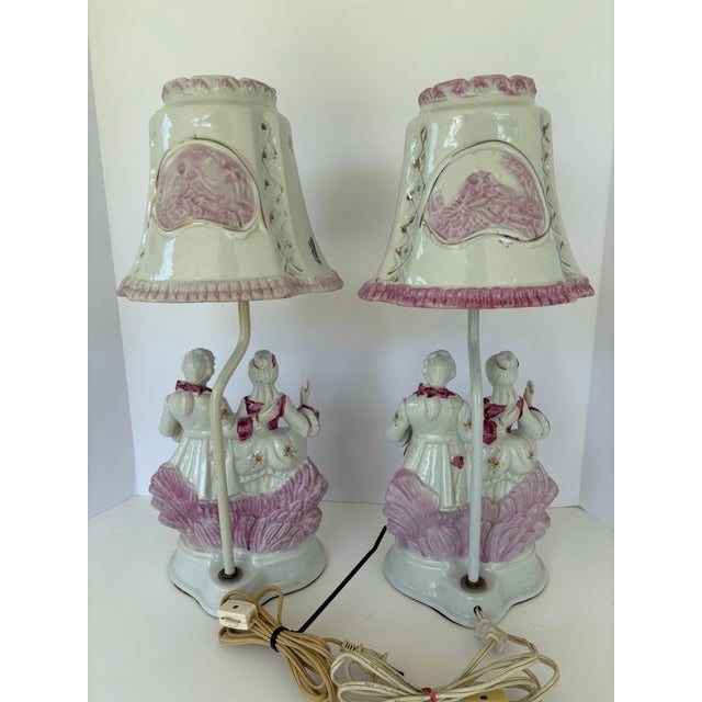 Vintage Rococo Revival Porcelain Figurine Table Lamps – Romantic Couple, Pair For Sale In Orlando - Image 6 of 10