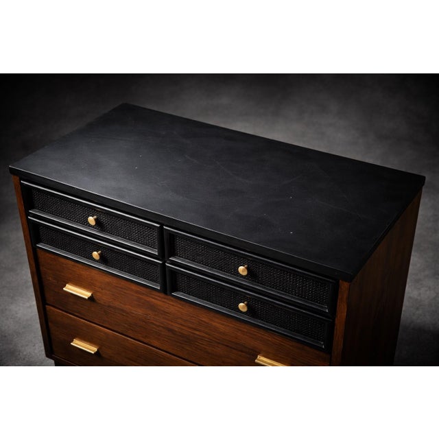 Mid-Century Modern Vintage Mid-Century Walnut Dresser With Black Cane Drawer Fronts & Brass Hardware For Sale - Image 3 of 7