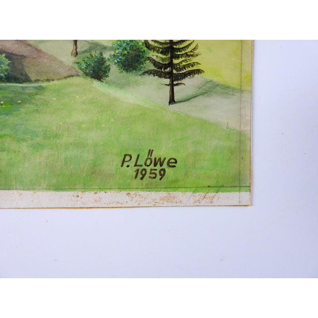 Gouache on paper Continental School landscape painting with farm houses. Signed P. Lowe 1959 lower right corner. Unframed,...