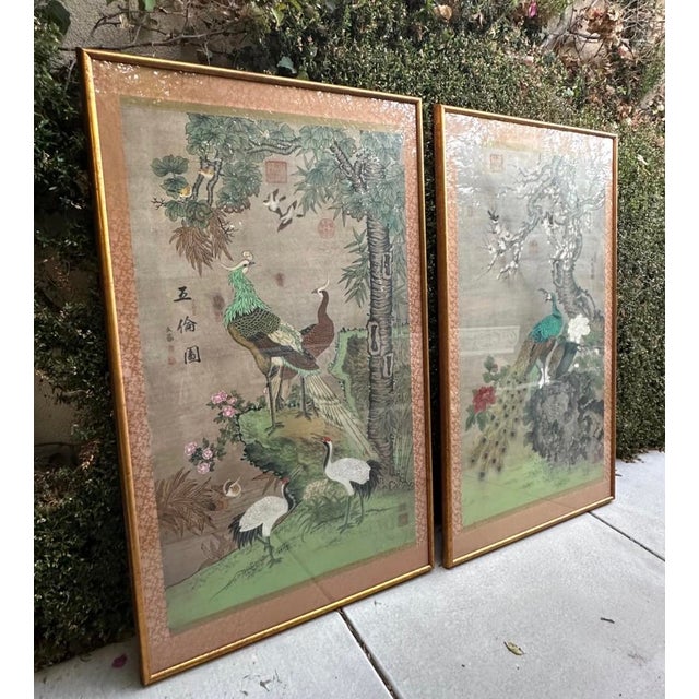 Chelsea House Pair of Monumental Hand-Painted Silk Paintings Chinoiserie For Sale - Image 12 of 18