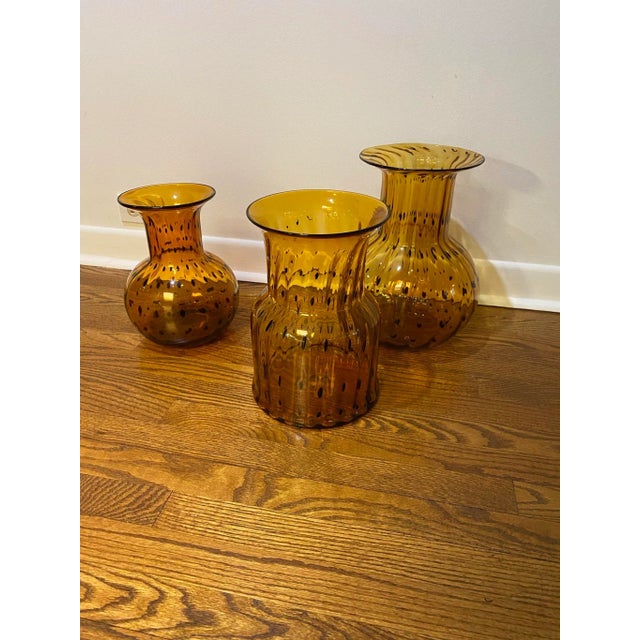 Abstract Mid 20th Century Vintage Italian Amber Tortoise Blown Glass Vases- Set of 3 For Sale - Image 3 of 10