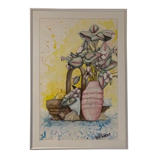 Late 20th Century Modernist Floral Still Life Line & Wash Watercolor — Signed Henry Thompson For Sale