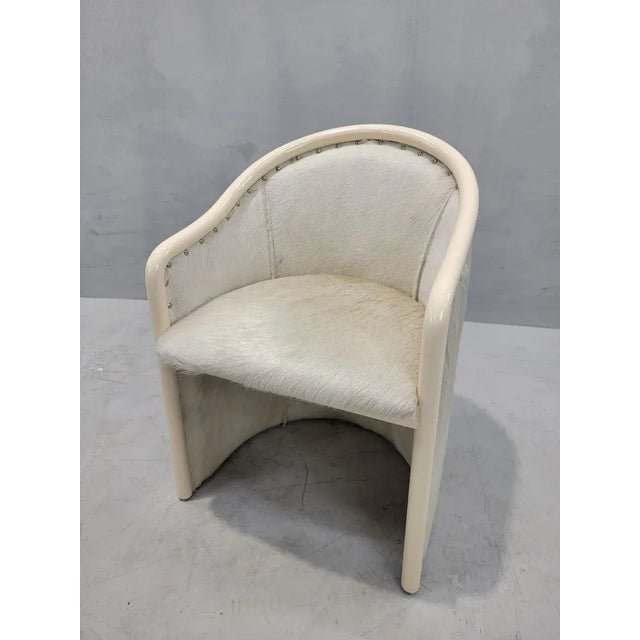 Vintage Italian Cream Lacquer Barrel Back Occasional Chair Tonon Style Newly Reupholstered in Cowhide For Sale In Chicago - Image 6 of 8
